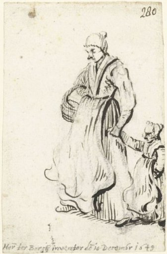 Woman carrying a basket under her arm walking beside a child