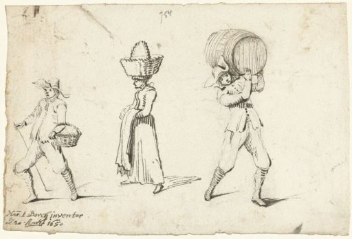 Two walking men and a woman carrying objects