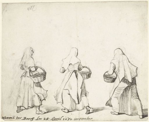 Study sheet with three walking women, from behind