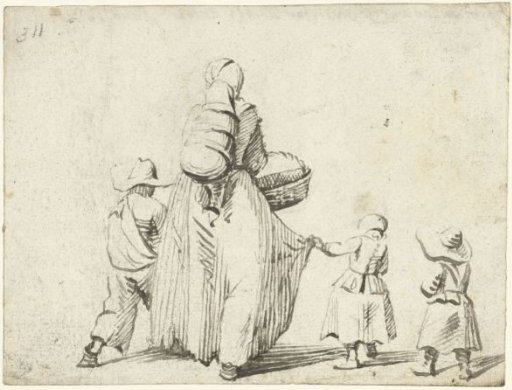 Woman walking with children, from behind