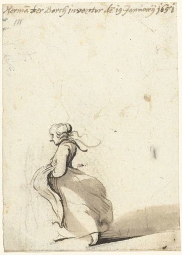 Woman Walking with Her Hands Under Her Apron, from the Side