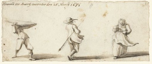 Three walking figures, a man seen from behind