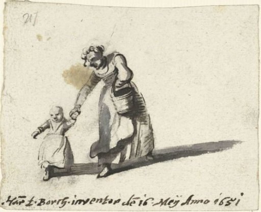 Woman bending to take a child's hand
