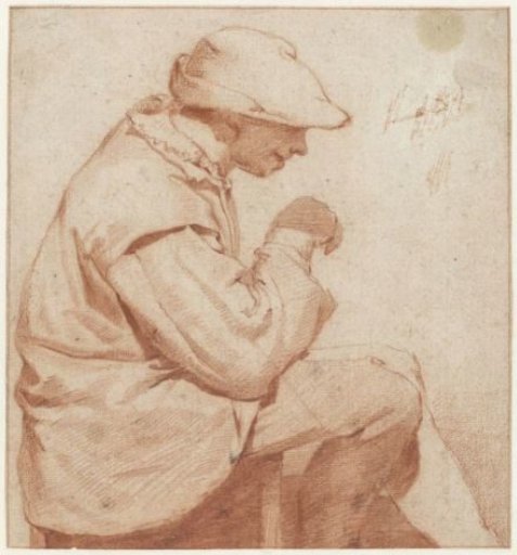 Seated Man with a Soft Cap, in Profile to the Right, with his Right Hand Raised