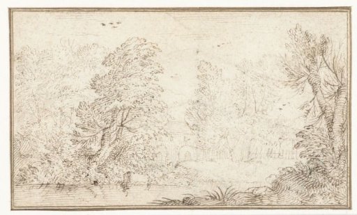 Forest landscape with house by river