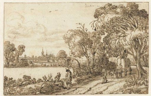 Landscape with road between fields and forest