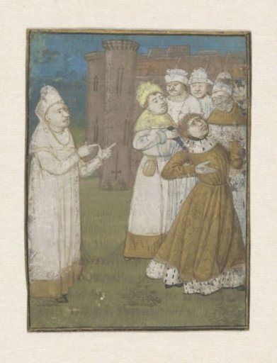 Boccaccio, on the left, is witness to the stabbing of a king