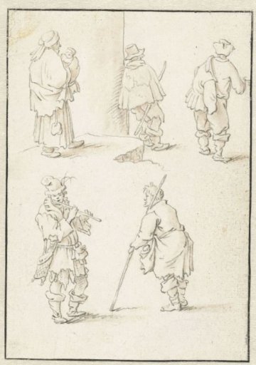 Woman with child, a standing flute player and three standing men