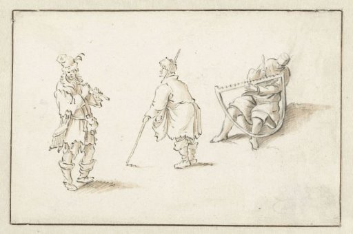 Standing flute player, man with a stick and man with a saw