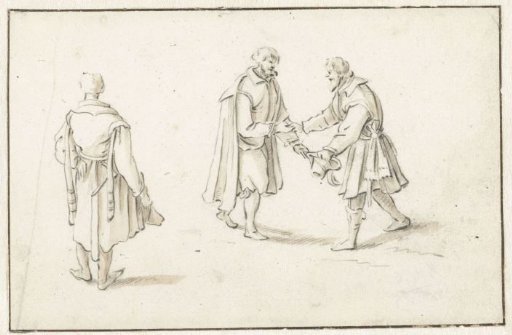 Standing man and two men greeting each other