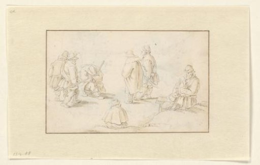 Seven men, standing, sitting and walking