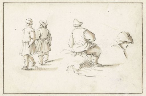 Two standing men, a seated man and a head study