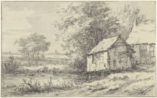 Landscape with a farm and barn by the water