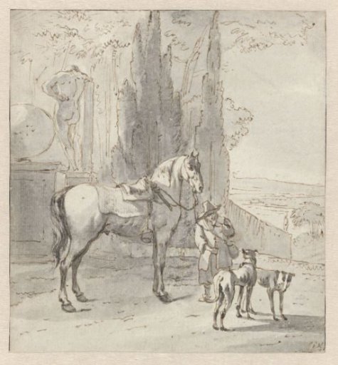 Man with a horse and two dogs near a park