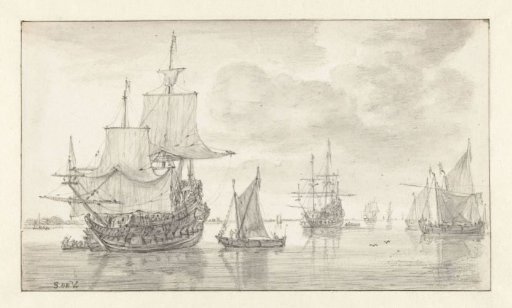Two Becalmed War Frigates and Other Vessels