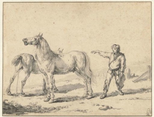 Two Horses, One Urinating and the Other Whinnying, and a Standing Man with his Right Arm Raised