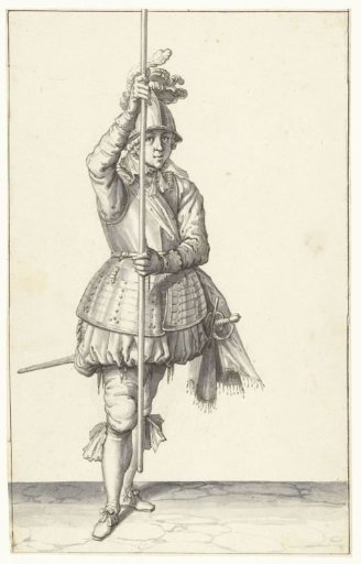 Soldier, seen from the front, holding his spear upright before him slightly above the ground with both hands