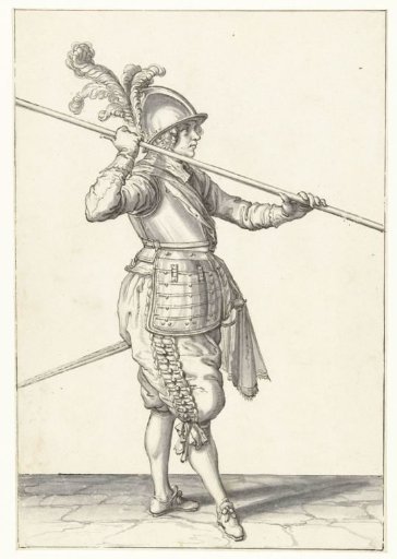 Soldier carrying his spear almost horizontally above his right shoulder