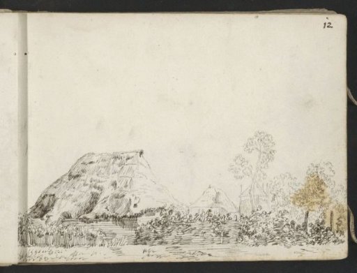 Peasant dwellings and a hay barn behind a fence
