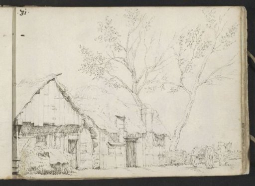 Horse-drawn cart in front of a peasant dwelling