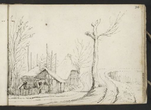 Peasant dwelling with barn on a country road