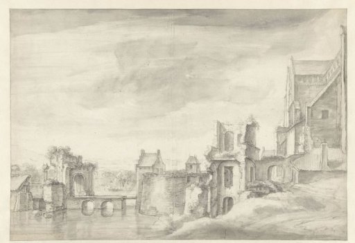 View of ruins on a riverbank (St. Walburg Church in Arnhem?)