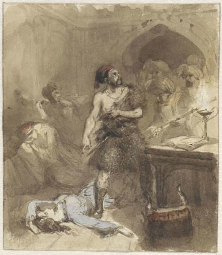 Man and woman lying on the ground in a Moorish room