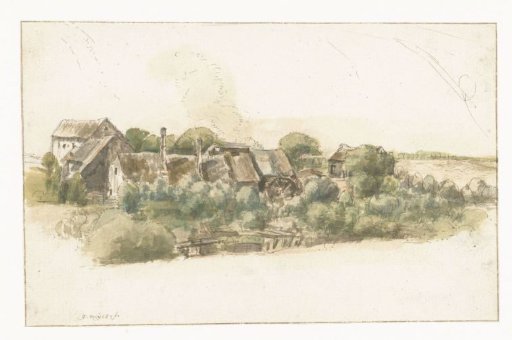 View of several houses and a watermill among trees
