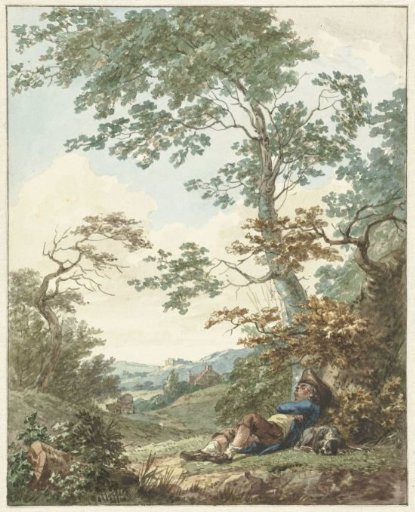 Sleeping man with a dog under a tree