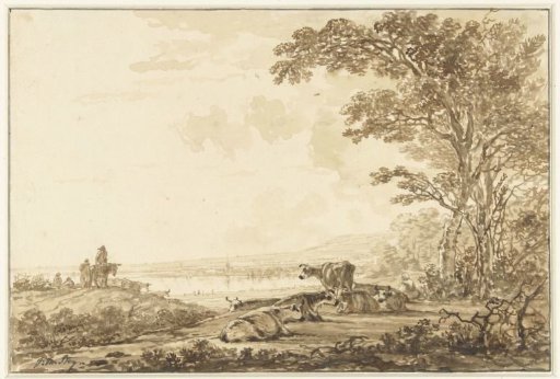 River landscape with resting cattle