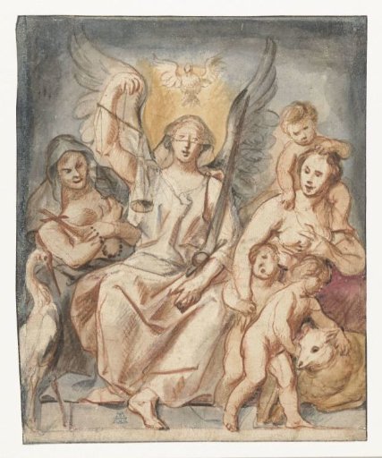 Justice, seated between Faith and Charity