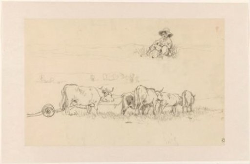 Six oxen for a plough, above a sketch of a sitting boy