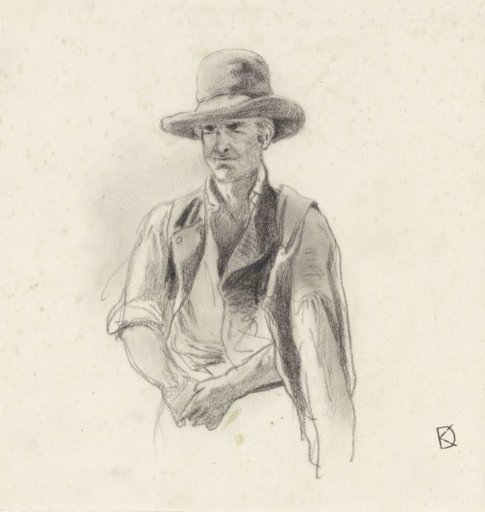 Study of a man with a hat on and a jacket over his shoulder