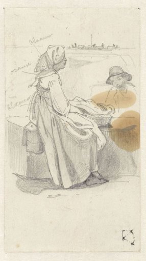 Woman, in profile, resting on a low wall upon which a basket stands
