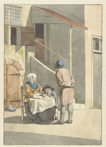 Boy and woman with child in front of a house