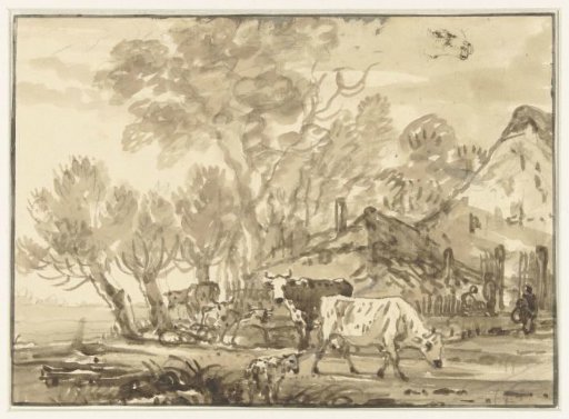 Cattle near a farm and sketch of a cow's head
