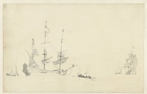 Seascape with a rowboat near a frigate