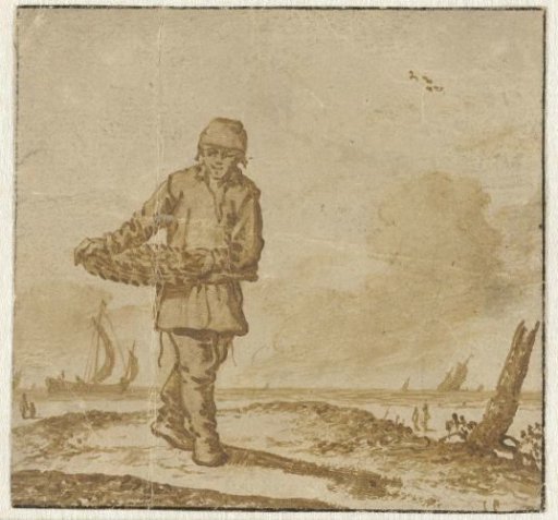 Visser met een vismand op het strand