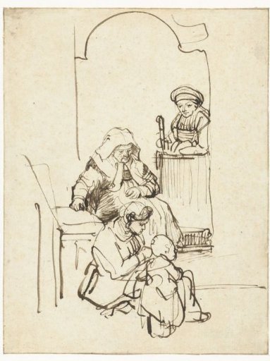 Three Women and a Child at a House Door