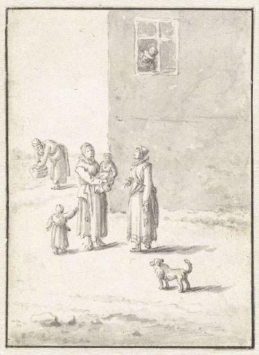 Two women in conversation in front of a house
