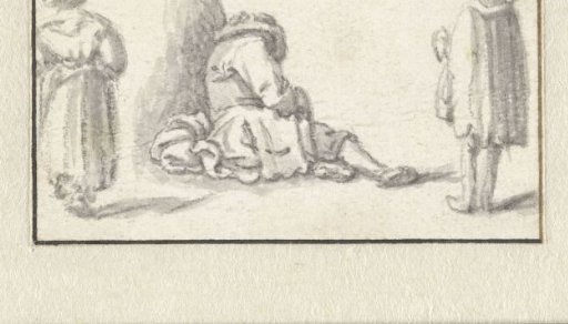 Sleeping man, a standing woman and a standing man