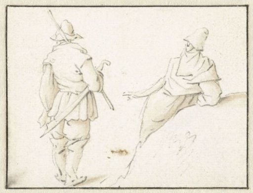 Standing man and a man leaning on a pile