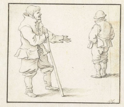 Man with a stick and a man seen from behind