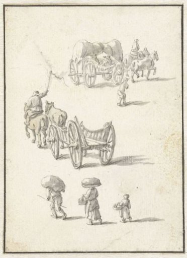 Two carriages with horses in front followed by three persons