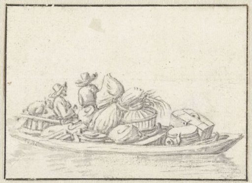 Two men in a boat laden with household goods