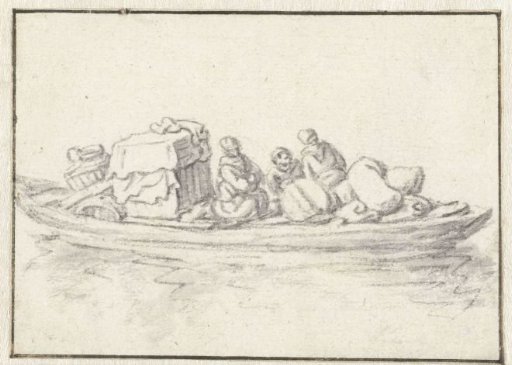 Three persons in a boat laden with household goods