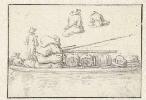 Two men on a boat laden with sacks and barrels