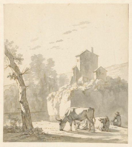 Landscape with shepherd, two cows and sheep