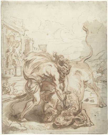 Hercules defeats Achelous in the form of a bull