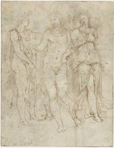 Victoria Leads a Laurelled Man Away from a Friend